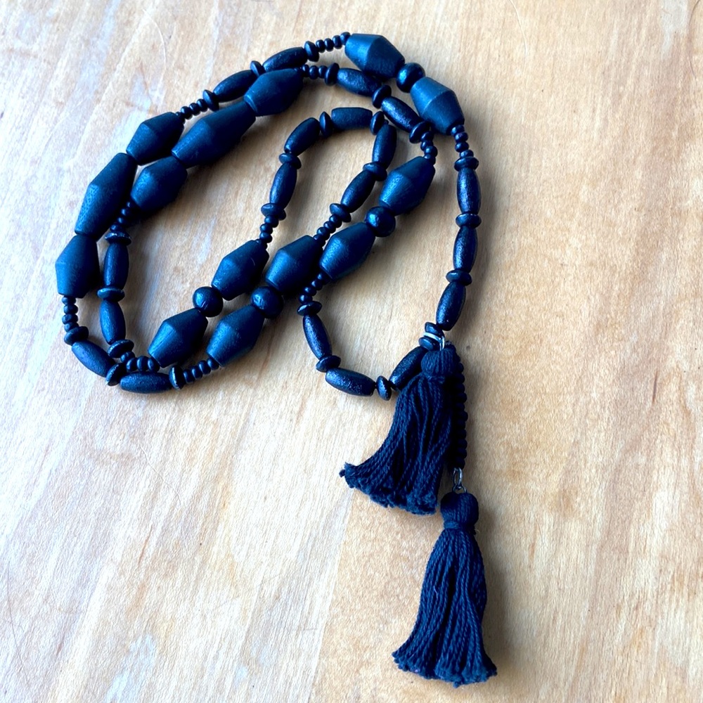 Black Wooden Bead Necklace with Fringe
